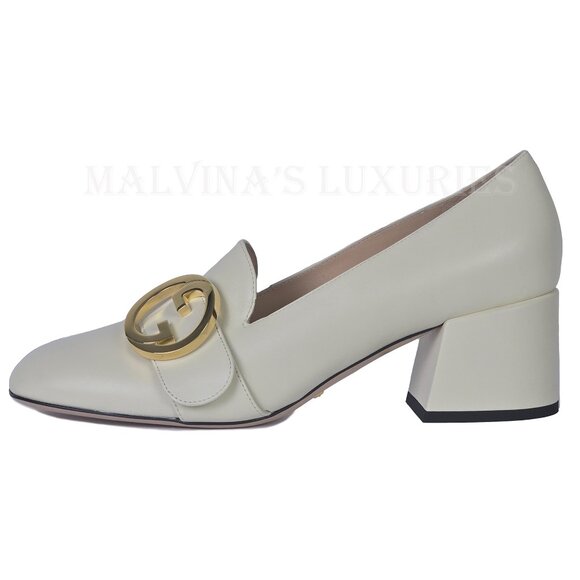 GUCCI SHOES BLONDIE WHITE LEATHER GOLDTONE G LOGO PUMPS sz 41 11 US - Picture 3 of 15